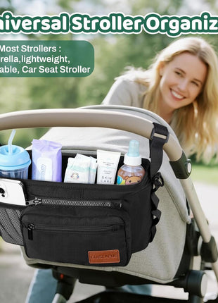 Guiseapue Universal Stroller Organizer with Cup Holder: Baby Essentials, Stroller Caddy Accessories with Detachable Phone Bag, Non-Slip Straps, Fits for Uppababy, Baby Jogger, New Moms Baby Gifts