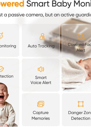 Monai 4K Smart Baby Monitor, Eye-Safe 950nm Night Vision, 7 AI Features, Phone App Baby Camera, 8X Zoom, Instant Alerts (Cry/Face Covered), No Monthly Fee, Hack-Proof, Local Storage