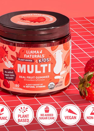 Llama Naturals Kids Multivitamin Gummies | Real Fruit, No Added Sugar Cane | Organic Vegan Toddler Whole Food Vitamins | Vitamin D, C & Beta Carotene Gummy Supplement | Strawberry 90 Ct (1-2 Months)