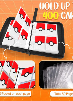 Card Binder 4 Pocket, Trading Card Holder Fits 400 Cards With 50 Removable Sleeves, Portable Collection Card Ablum, Game Card Case book With Zipper for Gift, Red