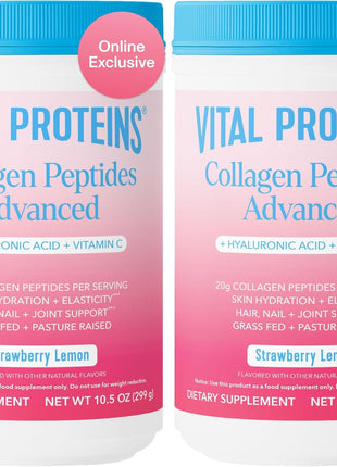 Vital Proteins Collagen Peptides Advanced, Hydrolyzed Peptides with Hyaluronic Acid and Vitamin C - Strawberry Lemon Flavor Powder, 10.5oz (Pack of 2)