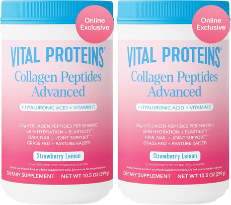 Vital Proteins Collagen Peptides Advanced, Hydrolyzed Peptides with Hyaluronic Acid and Vitamin C - Strawberry Lemon Flavor Powder, 10.5oz (Pack of 2)