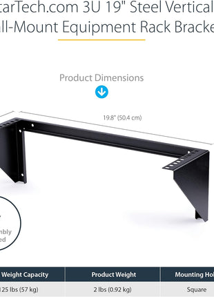 StarTech.com 3U 19 inch Wall Mount Vertical Rack Bracket, Wall Mount Patch Panel Bracket for Data/AV/IT/Computer Equipment, 3U Rack for Cabinet or Server Room, Supports 150lb (68kg) , TAA (RK319WALLV)