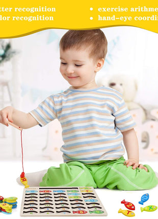 Magnetic Wooden Fishing Game Toy for Preschoolers, Alphabet Fish Catching Counting Games Puzzle with Numbers and Letters, Preschool Learning ABC and Math Educational Toys for 3 4 5 Years Old Kids