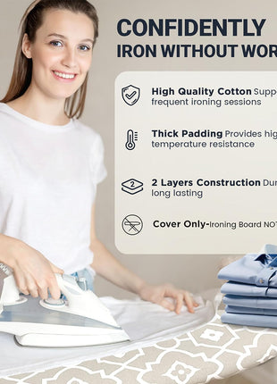 UniSimp Ironing Board Cover and Pad 15"x54" Extra Thick Natural Cotton, Scorch and Stain Resistant Padding, Standard Size Iron Board Cover with Fasteners Heavy Duty Elastic Edge, Heatproof Geometric