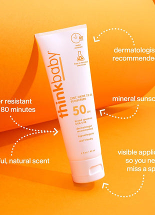 Thinkbaby Baby Sunscreen SPF 50+, Mineral Formula, Water Resistant, 3 Oz