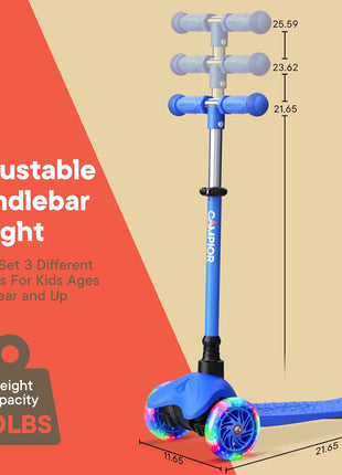 Blue Mini 3 Wheel Scooter for Kids – Lean-to-Steer with LED Light-Up Wheels, Adjustable Handlebar, Wide Anti-Slip Deck, Smooth PU Wheels, Rear Foot Brake – Toddler Scooter for Ages 2+