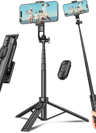 Selfie Stick Travel Tripod for Cell Phone with Remote Control and Phone Holder, Extendable Selfie Stick for iPhone, iPhone Tripod for Video Recording, 50 Inch, Black