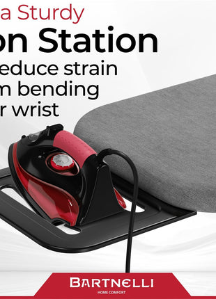 Bartnelli by Rorets Ironing Board Made in Europe | Iron Board with 4 Layered Cover & Pad, Height Adjustable up to 36" Features A Safety Iron Rest, 4 Steel Legs, for Laundry Room or Dorm Use (43x13)