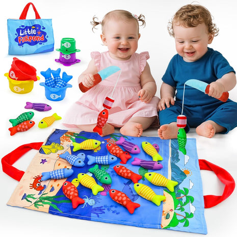 Montessori Toy for 1 Year Old,Cloth Fishing Game Toys with 2 Poles | 10-In-1 Fishing Toy with Stacking Cups, Learning Toy for Number Counting, Color Sorting, Easter Birthday Gifts for Boys Girls