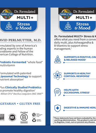 Garden of Life Dr. Formulated Multi+ Stress & Mood, Fermented Liposomal Multivitamin + Ashwagandha, B Vitamins & Probiotics - 60 Capsules, Whole Food Vitamin & Mineral Supplement