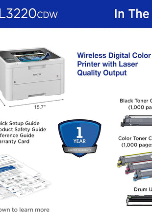 Brother Color Laser Printer with Wireless Printing Fast 19 PPM Output, Duplex Feature, Mobile Device Compatible, 250-Sheet Paper Tray for Professional Home Office Printing (HL-L3220CDW)