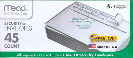 Mead #10 Security Business Envelopes Letter Size 4-1/8 inch x 9-1/2 inch Peel and Seal, Privacy Lined, No-Window, Press-It Seal-It Self-Adhesive for Home & Office Mailing, 45 Count (75026)