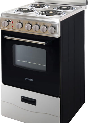 Avanti Electric Range Oven, 4 Coil Broilers, 2.1 Cu.Ft., Stainless Steel | Avanti Electric Range Oven, 4 Coil Burners, Built-In Broiler, Framed Glass Door, Storage Drawer, 2.1 Cu.Ft., Stainless Steel