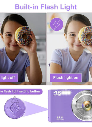 Digital Camera, FHD 4K Digital Camera for Kids Purple with 64GB SD Card 16X Digital Zoom, Cameras for Photography Compact Point and Shoot Camera for Teen Boys Girls Kids Autofocus Camera Digital