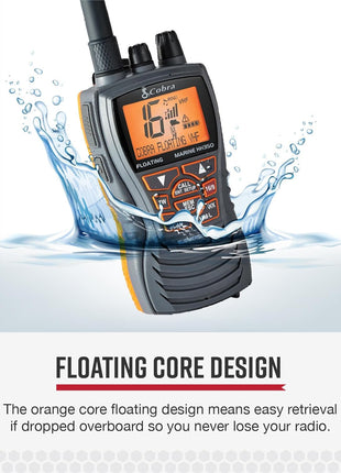 Cobra MR HH350 FLT Handheld Floating VHF Marine Radio - 6 Watt, Submersible, Noise Cancelling Mic, Backlit LCD Display, NOAA Weather, and Memory Scan, Grey