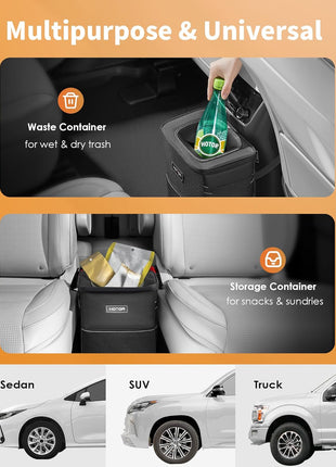 HOTOR Car Trash Can, Compact Waterproof Organizer, Leak-Proof Bin, 2-Gallon | Black, Multifunctional Car Accessory with Adjustable Straps & Magnetic Snaps for Interior Car Storage