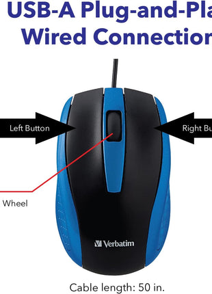 Verbatim Wired USB Computer Mouse - Corded USB Mouse for Laptops and PCs - Right or Left Hand Use, Blue 99743, 1.4" x 2.4" x 3.9"