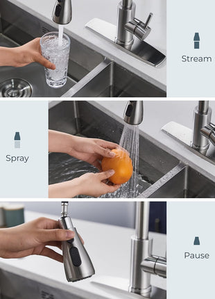 FORIOUS Kitchen Faucets with Pull Down Sprayer, Brushed Nickel, High Arc Single Handle Classic Stainless Steel Sink Faucet 1 or 3 Hole, Suitable for Farmhouse Camper Laundry Rv Bar