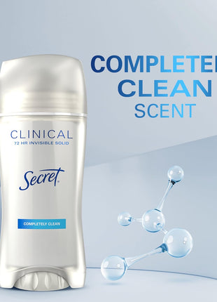 Secret Clinical Strength Invisible Solid Antiperspirant Deodorant for Women, 100HR Sweat & Odor Protection, 3X Stress Protection with Hyaluronic Acid, PH Balanced, Completely Clean Scent, 2.6 oz