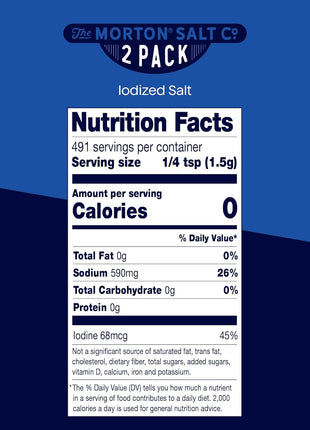 Morton Salt Iodized, All-Purpose Iodized Salt, 26 oz, 2-Pack | Table salt, a seasoning ingredient with no clumps and an easy-pour spout, a salt with iodine, perfect for cooking & table use