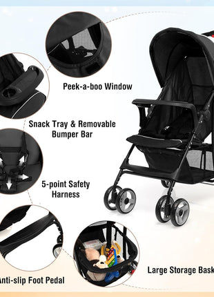 Baby Joy Lightweight Stroller, Compact Toddler Travel Stroller for Airplane, Infant Stroller w/Adjustable Backrest/Footrest/Canopy, 5-Point Harness, Storage Basket, Easy One-Hand Fold, Coffee