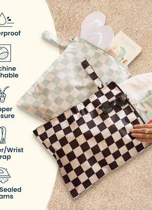 Tiny Twinkle Mess Proof Wet Bags | 2-Pack Reusable Waterproof Wet Bags for Swimsuits | Baby Clothes | Travel & Diaper Bag (Black, Green Checkers)