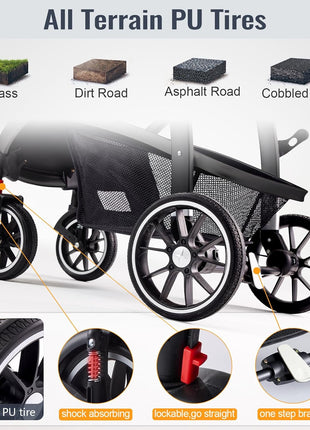 Baby Stroller, 2-in-1 Reversible Toddler Seat with Lie-Flat Mode, Foldable Infant Stroller with Canopy, One Button Brake, Adjustable Handle, Newborn Pushchair (Black B)