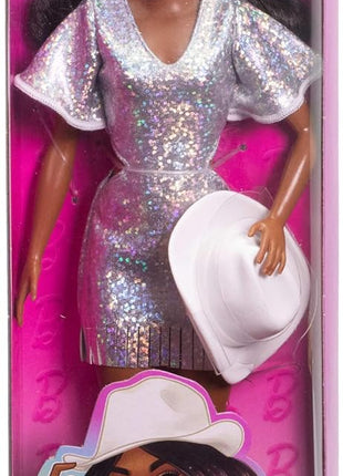 Barbie Fashionistas Doll #239 with Black Hair, Western Themed Outfit | Wearing Sparkly Silver Fringe Dress with Western Accessories like White Cowboy Hat and Boots