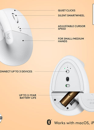 Logitech Lift for Mac Wireless Vertical Ergonomic Mouse, Bluetooth, Quiet Clicks, Silent Smartwheel, 4 Customizable Buttons, for macOS/iPadOS/MacBook Pro/MacBook Air/iMac/iPad - Off White