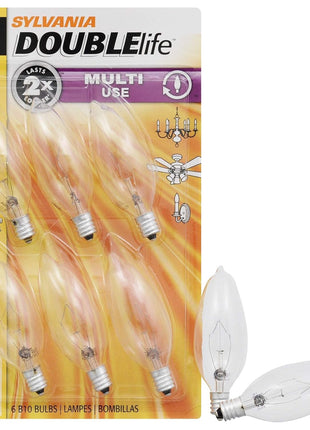 SYLVANIA Incandescent Double Life Light Bulb, B10, 25W, Candelabra Base, 175 Lumens, 2850K, Clear, Soft White - 6 Count (Pack of 1) (18748)