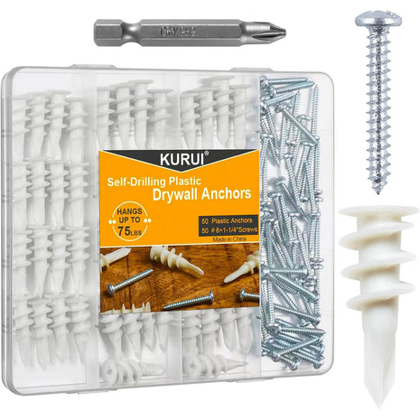 140Pcs #8 Self Drilling Drywall Anchors and Screws Kit, No Drill Hole | Heavy Duty Dry Wall Anchors for Hanging Sheetrock, 70 Self-Tapping Plastic Hangers 70 Drywall Screws, Mounting Hardware -75LB