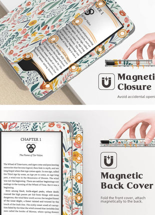 MoKo Case Fits All-New 6 inch Kindle (11th Generation, 2024/2022 Release)(10/8th Gen,2019/2016), Ultra Lightweight PU Shell Cover with Auto Wake/Sleep for Kindle 2024, Flowers