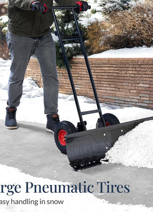 Best Choice Products 36in Heavy-Duty 2-Wheel Snow Pusher Hand Plow for Snow Removal w/Wheels, Adjustable Handle, Blade Angle, Reflective Tape - Black