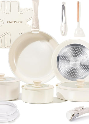 Chef Power Ceramic Cookware Set Non Toxic with Detachable Handles, Healthy Nonstick Pans and Pots Set 19 Pcs, Induction Dishwasher Oven Safe Kitchen Set, PFAS PFOA & PTFE Free, Cream White