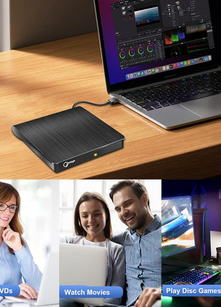 External CD/DVD Drive for Laptop, Portable CD DVD Player, USB 3.0 A, Black | CD ROM burner compatible with Laptop Desktop PC Windows Linux OS Apple Mac record music videos install software backup