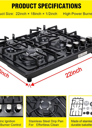 FORIMO Gas Cooktop 22Inch,Built in Gas Cooktop 4 Burners Stainless Steel Stove with NG/LPG Conversion Kit Thermocouple Protection and Easy to Clean