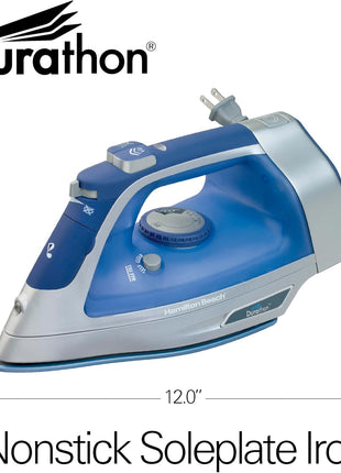 Hamilton Beach Steam Iron For Clothes With Adjustable Steam Settings | Scratch-Resistant Durathon Soleplate | 8' Retractable Cord | 3-Way Auto Shutoff | Anti-Drip | 1500 Watts | Blue