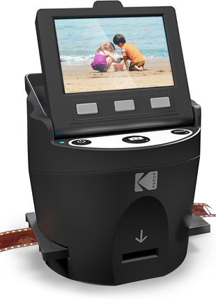 KODAK SCANZA Film & Slide Scanner, 3.5" LCD, 35mm, 126, 110, Super 8 & 8mm | Converts color/B&W negatives to 14MP/22MP JPEGs; SD up to 128GB (not included); HDMI, USB, video cable, AC adapter included