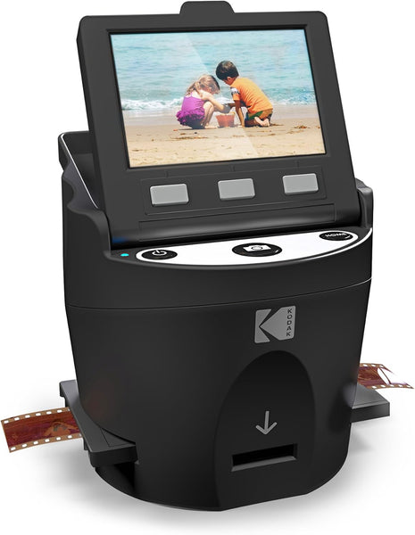 KODAK SCANZA Film & Slide Scanner, 3.5" LCD, 35mm, 126, 110, Super 8 & 8mm | Converts color/B&W negatives to 14MP/22MP JPEGs; SD up to 128GB (not included); HDMI, USB, video cable, AC adapter included
