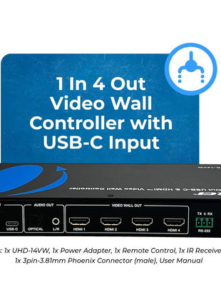 OREI 4K 2x2 HDMI or USB-C Video Wall Controller Processor Display Upto 4K 60hz 2x1, 1x2, 1x3, 1x4 Supports 180 Degree Rotate RS-232 Audio Extraction