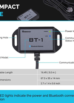 Renogy Bluetooth Module RJ12 Communication Port Compatible Rover/Wanderer/Adventurer Charge Controllers, BT-1 RS232,Black