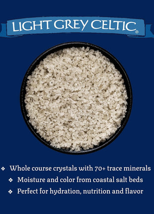 Celtic Sea Salt Light Grey Coarse – Unrefined Mineral Salt, 70+ Trace Minerals, Sustainably Harvested, GMP Certified – Cooking, Finishing, Hydration, Grinder Use – 1 lb Resealable Bag