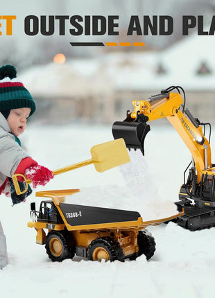 KIDMARKT Remote Control Excavator Toy for Boys | 11-Channel Metal Construction Truck with Lights, 2×1200mAh Batteries, 120-Min Playtime | RC Excavator Toys for Kids Ages 3-12, STEM Gift for Birthday