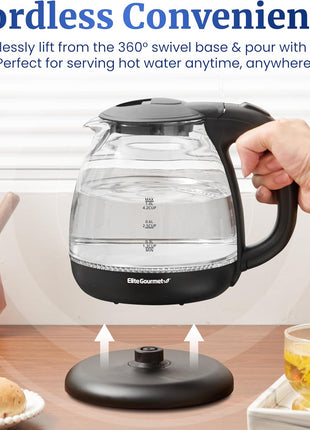 Elite Gourmet EKT1001 1.0L Glass Kettle, 1100W, Cordless Base, Black | BPA-Free Glass, Blue LED Interior, 360° Base, Auto Shut-Off Function, Quickly Boil Water for Tea & More