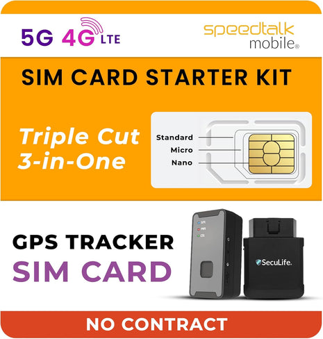 SpeedTalk Mobile GPS Tracker SIM Card Starter Kit | 3 in 1 Universal Simcard: Standard, Micro, Nano for Kids Senior Pet Car Fitness Activity 5G 4G LTE Tracking Devices | No Contract
