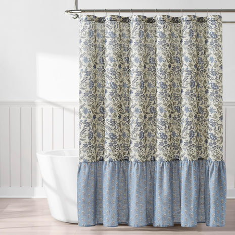 Lush Decor Lillian Block Print Linen Textured Shower Curtain Single 72 inch W x 72 inch L Blue & Sage - Vintage Floral Shower Curtains - Ruffled Bath Curtain
