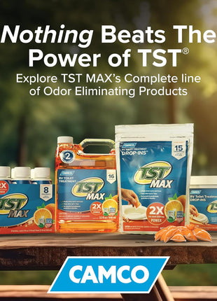 Camco TST MAX RV Toilet Treatment Drop-INs - Control Unwanted Odors & Break Down Waste and Tissue - Safe Septic Tank Treatment - Orange Scent, 30-Pack (41183)