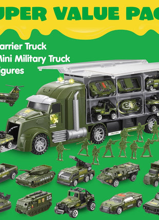JOYIN 25 in 1 Military Kids Truck Toys for Age 3+, Toddler Boy Toys, Army Men Tanks Set with Soldier Men, Mini Battle Cars in Carrier Truck with Lights and Sounds, Gifts for Grandkids