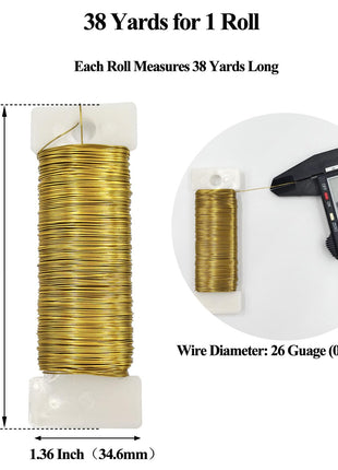 26 Gauge Golden Metal Floral Wire, 38 Yards/35 Meters,for Christmas Wreaths,Tree Decoration,Flower Arrangement,Craft Wire,Flower Wire,Garden Wires,Flowers Bouquet Accessories,Jewelry Wires DIY
